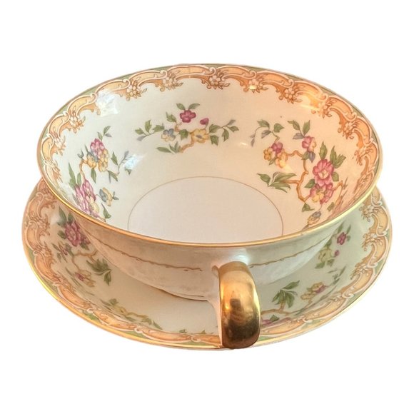 Vintage Noritake 2 handle Soup Cup and Saucer Floral Pattern Gold Trim Japan - Picture 2 of 9
